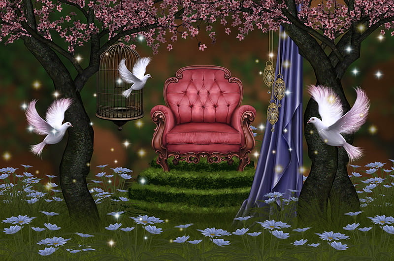✰Nymphs in the Forest✰, fantasy arts, pretty, splendid, grass, woods, creations, curtain, bonito, leaves, fantasy, splendor, flowers, forests, animals, cages, lovely, lamps, colors, birds, velvet chair, creative pre-made, hanging, trees, fantasy aficionados, cool, mixed media, nymphs, HD wallpaper