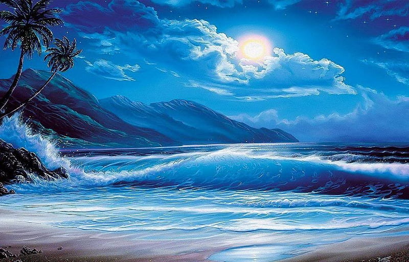 Dreamy Beach, Moon, Painting, Waves, Clouds, Artwork, Sea, Palms, HD ...