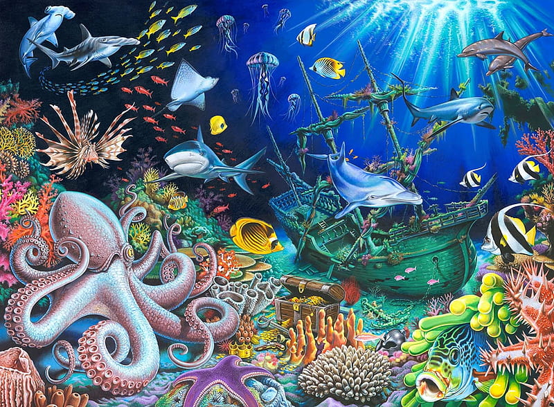 Shipwreck Underwater Mural, mural, water, ship, under, wrecked, HD wallpaper