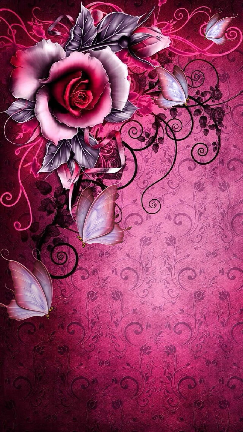 Cranberry Splash, butterflies, flowers, gothic, love, nature, red, romance, roses, vintage, HD phone wallpaper