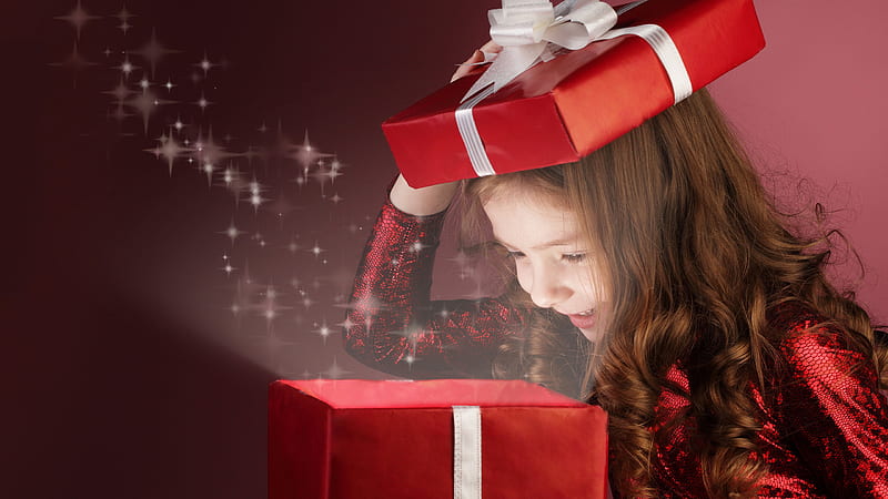 Cute Little Girl Is Holding Gift Box On Head Wearing Red Dress Cute, HD wallpaper