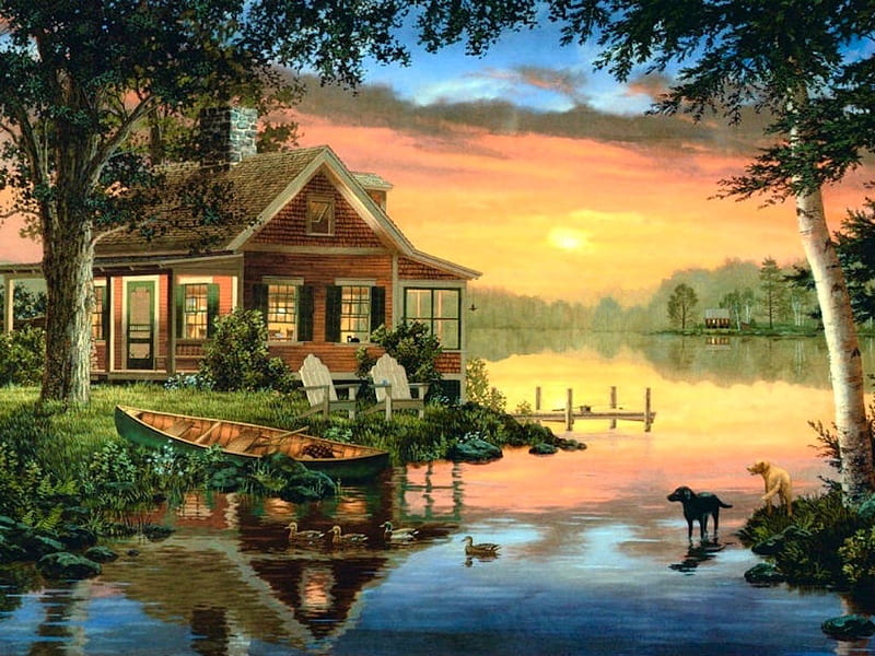 Magic outdoor, pretty, colorful, house, view, cottage, bonito, lake, peaceful, color, nature, fields, mirror, outdoor, dogs, HD wallpaper