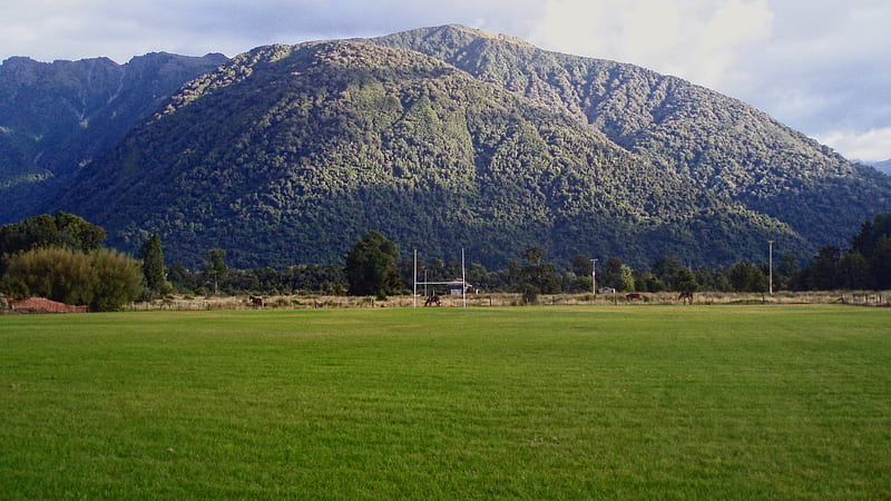 Rugby field, rugby, new zealand, moutain, green, HD wallpaper