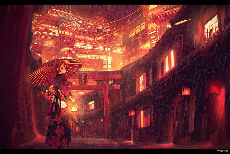 Red City, red, gate, torii, japanese, cityscape, kimono, japan, city, girl, orginal, HD wallpaper
