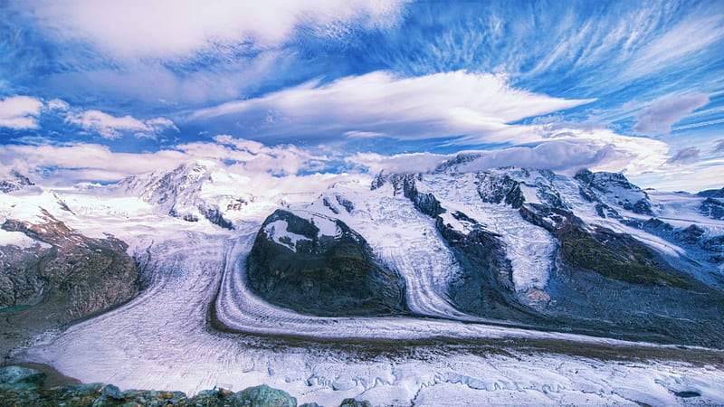 glacier cutting through a mountain, mountain, erode, glacier, clouds, HD wallpaper
