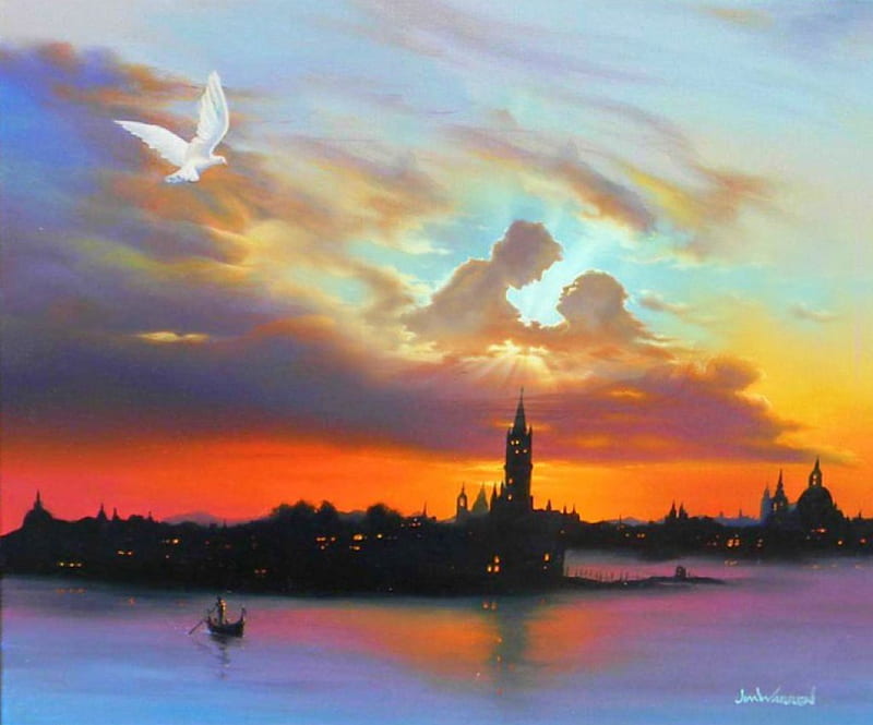 Skies over Venice, colors, sunset, clouds, artwork, sea, HD wallpaper