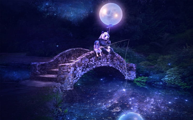 A Child's Dream, Panda, Balloon, Moon, River, Girl, Fishing, HD wallpaper