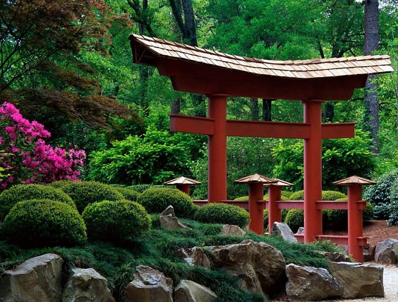 Japanese Garden, rocks, japanese, flowers, garden, ornamental buildings, trees, HD wallpaper