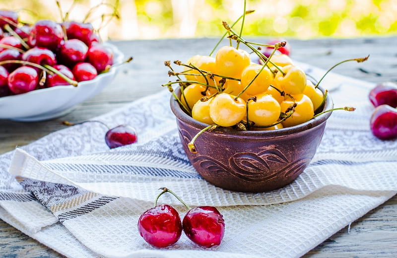 Cherries, red, food, yellow, sweet, dessert, fruit, white, cherry, bowl, HD wallpaper