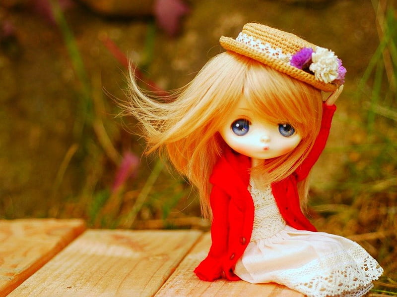 Doll, cute, girly, toy, hat, HD wallpaper