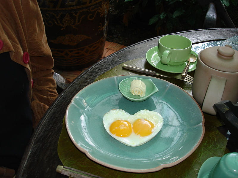 I Love Breakfast, table, breakfast, over easy, butter, two, coffee, eggs, cup, plate, silverware, HD wallpaper