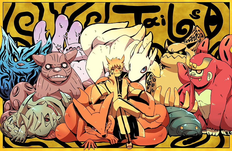 Naruto and the Tailed beasts, pretty, naruto, tailed beasts, anime boy, naruto shippuden, nice, naruto uzumaki, anime, animals, smile, blonde hair, blonde eyes, chibi, cute, cool, awesome, funny, HD wallpaper