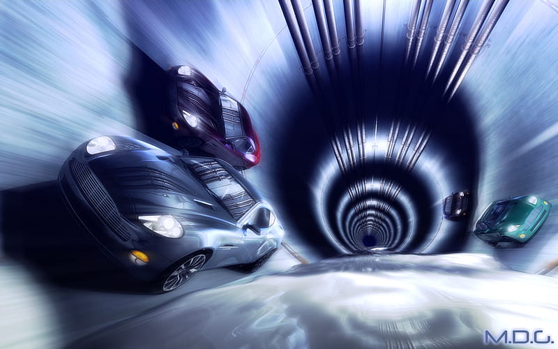 sewer race, carros, tunnel, pipes, lights, HD wallpaper