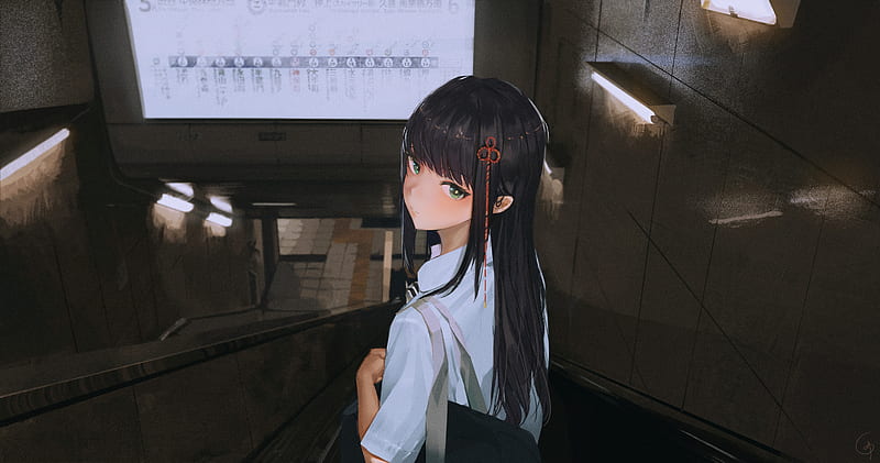 tougou hifumi, persona 5, black hair, stairs, green eyes, Anime, HD wallpaper