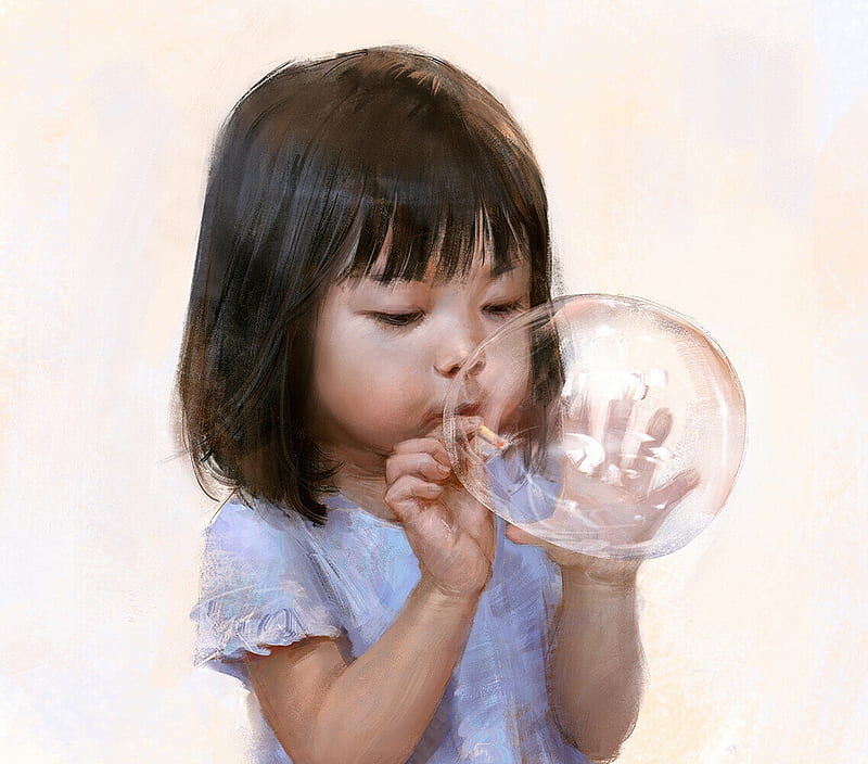 Little girl, big bubble, fantasy, bubble, little, girl, copil, child, alon chou, art, luminos, funny, HD wallpaper