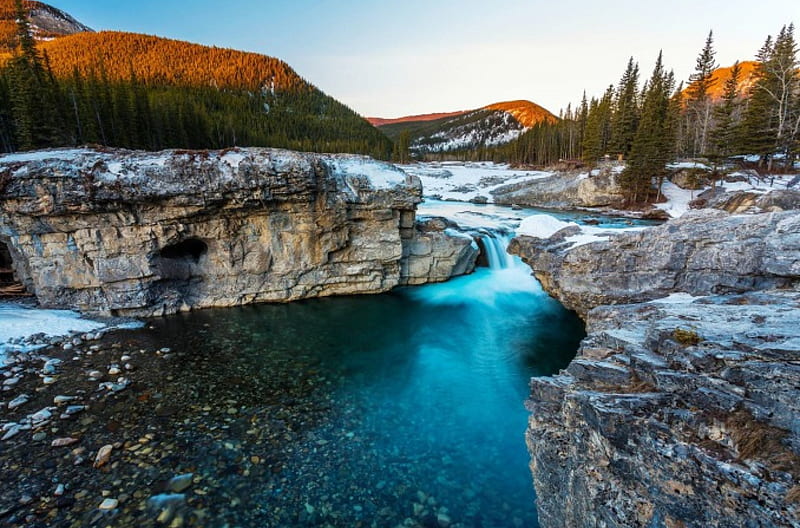 First Snow At Elbow Falls, forest, rocks, deep blue, bonito, green, Canada, mountains, Alberta, river, sunrise, white, HD wallpaper