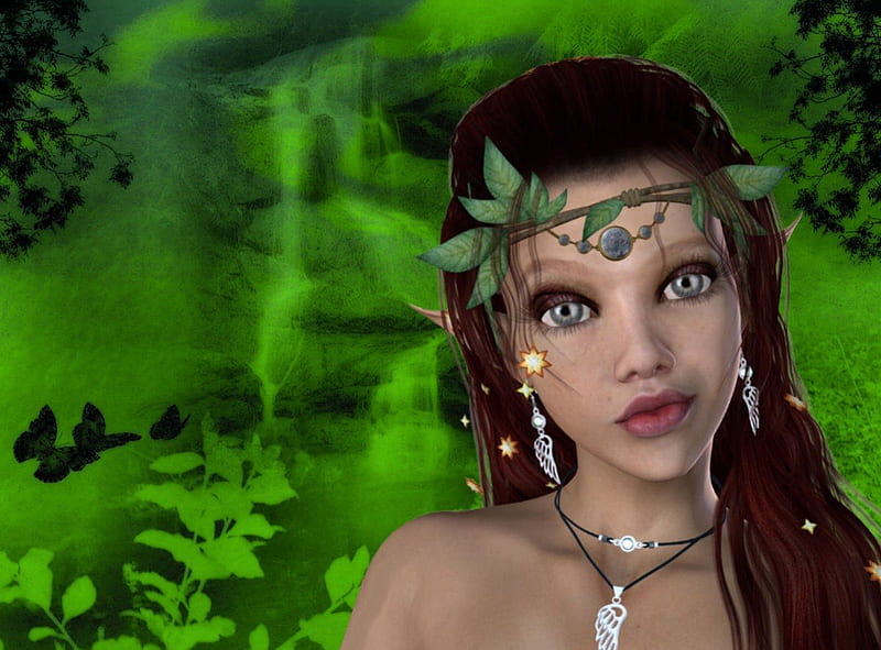 Forest Elf Princess, forest, fantasy, elves, waterfalls, HD wallpaper