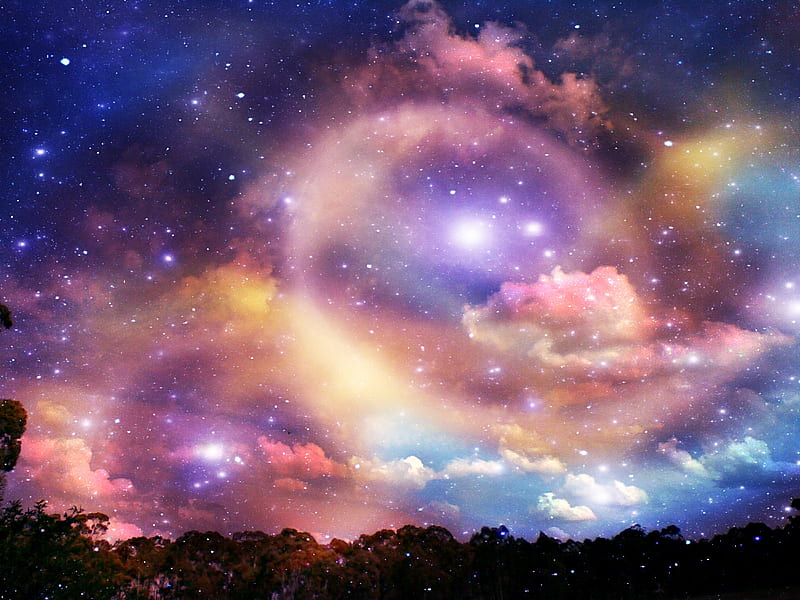 Galaxies merging, stars, sky, galaxies, night, HD wallpaper