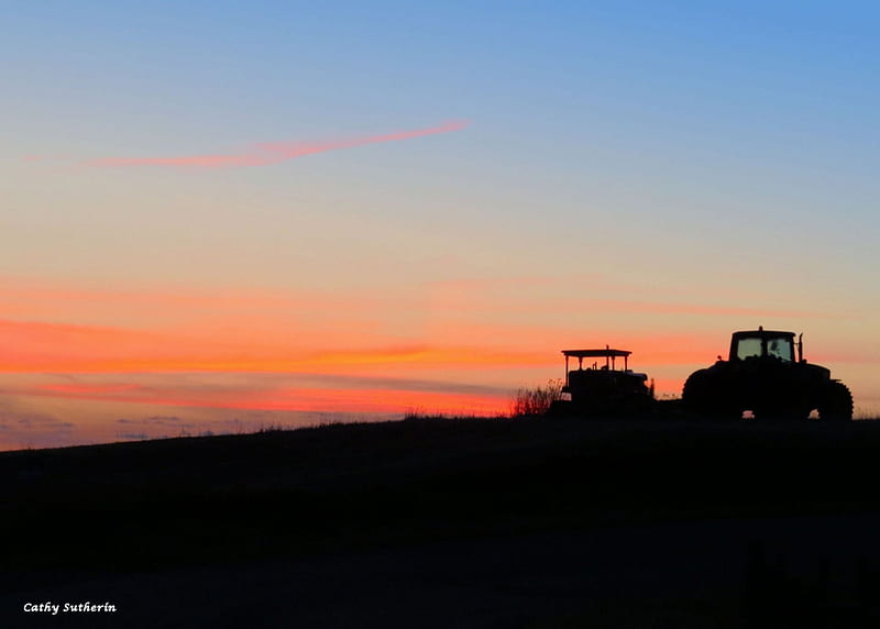 Farm Tractors in the Sunrise, farm, tractor, sunrise, work, country, sky, field, HD wallpaper