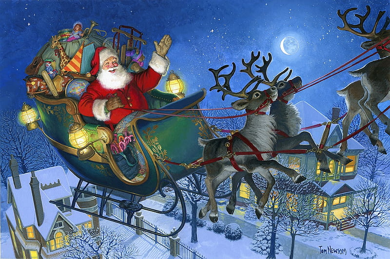 I Knew In A Moment It Must Be Santa, reindeer, snow, sleigh, painting, village, gifts, HD wallpaper