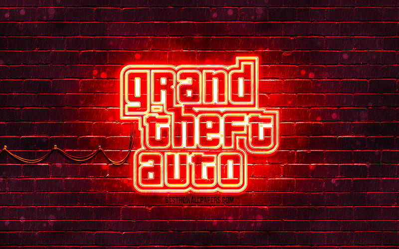 GTA red logo red brickwall, Grand Theft Auto, GTA logo, GTA neon logo, GTA, Grand Theft Auto logo, HD wallpaper