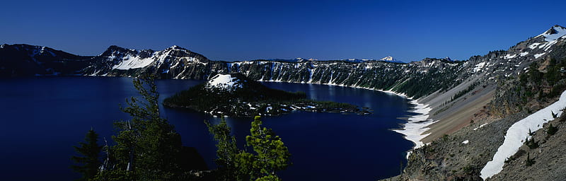 Crater Lake (Dual), crater, lake, dual monitor, graphy, water, crater lake, dark, dual screen, blue, HD wallpaper
