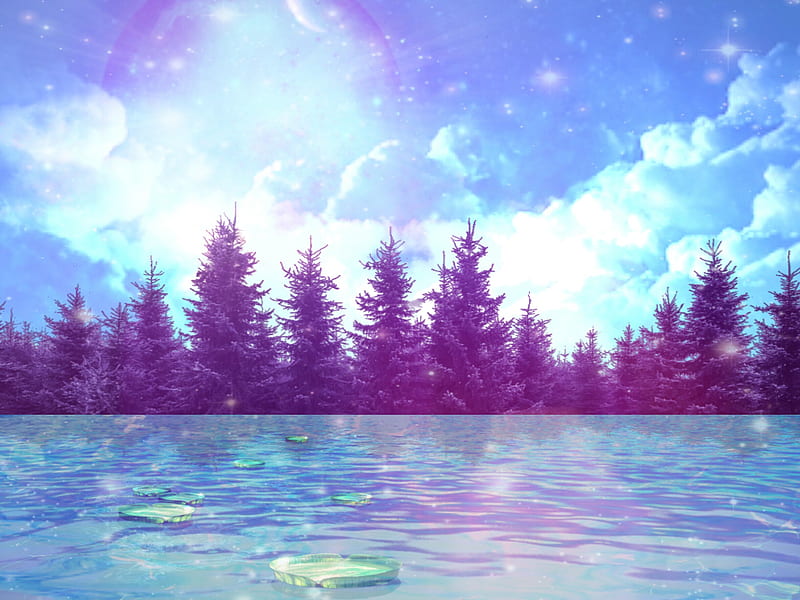 Purple Forest, clouds, edit, lillypad, pretty, sky, trees, water, HD wallpaper