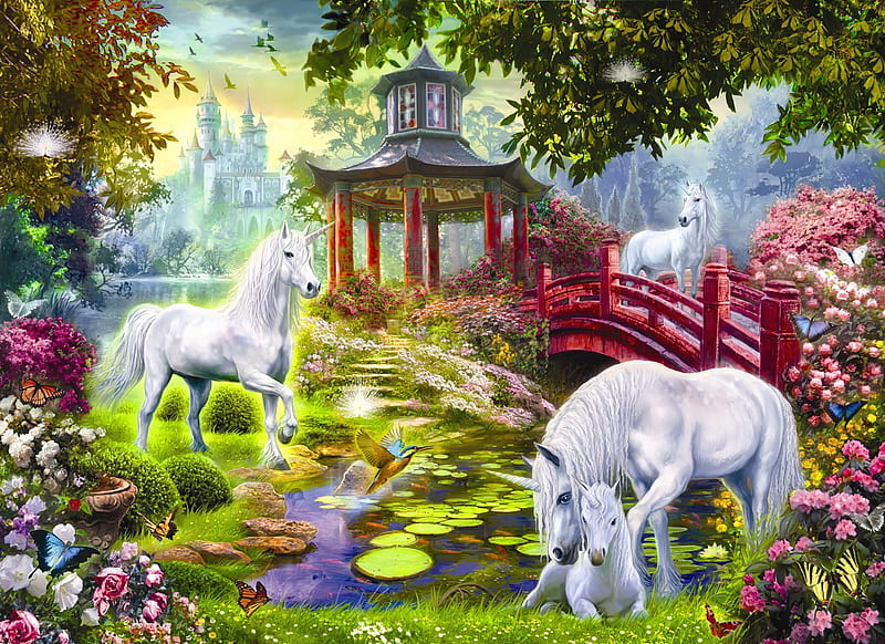 Unicorns, fantasy, luminos, green, unicorn, pavilion, white, pink, HD wallpaper