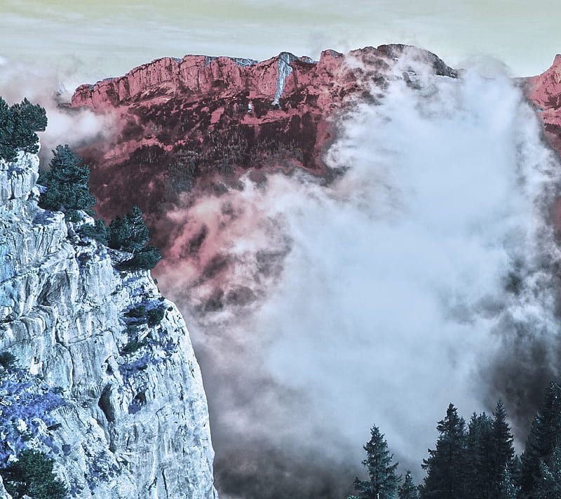 Red mountains, cliff, climbing, clouds, ebenalp, fog, hiking, landscape, mist, mountain, natural phenomenon, rock, sky, switzerland, trees, HD wallpaper