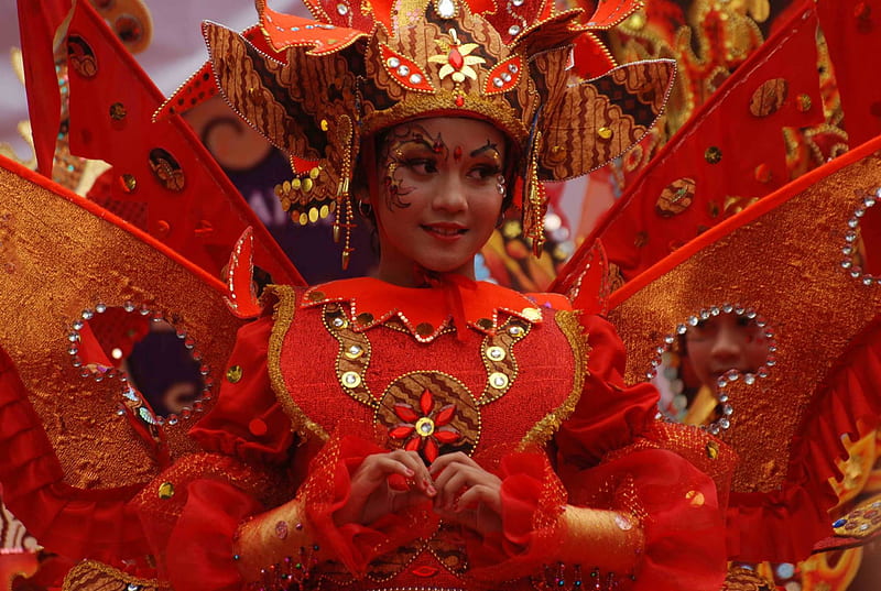 Solo Batik Carnival, red, costumes, Java, Solo, batik, carnival, graphy, parade, Indonesia, kids, HD wallpaper