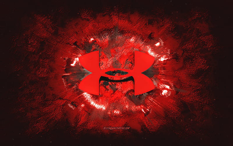 Under Armour logo, grunge art, red stone background, Under Armour red logo, Under Armour, creative art, red Under Armour grunge logo, HD wallpaper