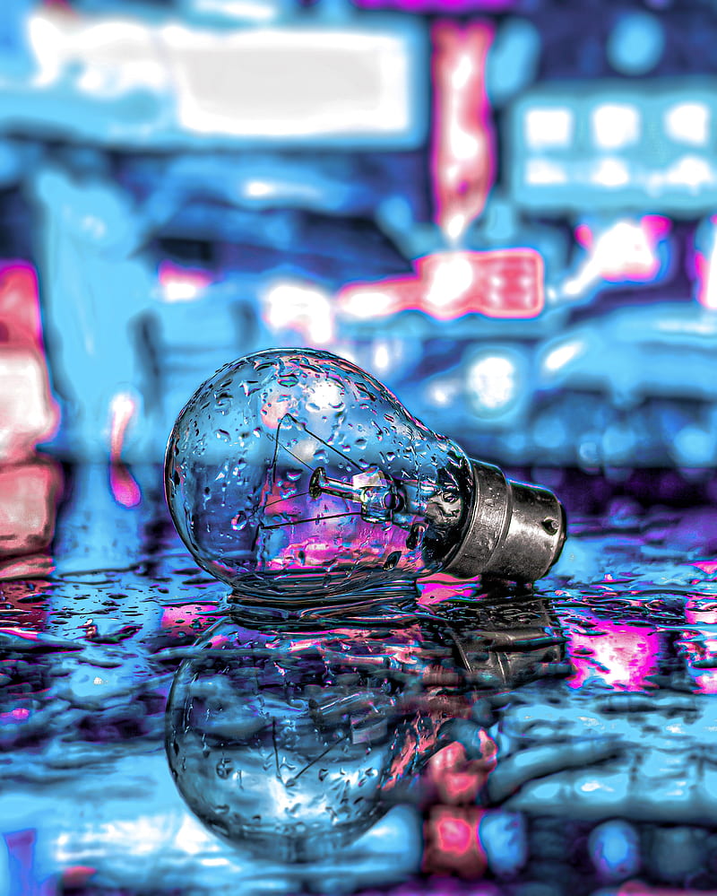 bulb, drops, neon, water, HD phone wallpaper