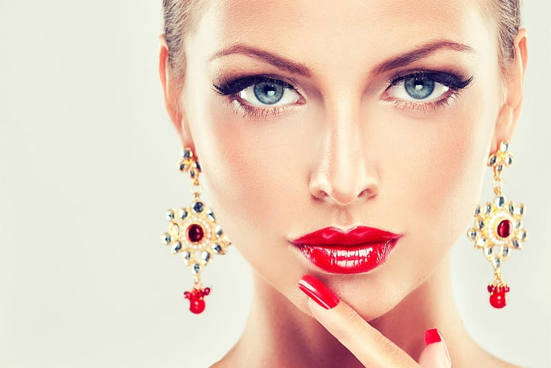 Beauty Red Model Nails Woman Lips Girl Jewel Face Hd Wallpaper