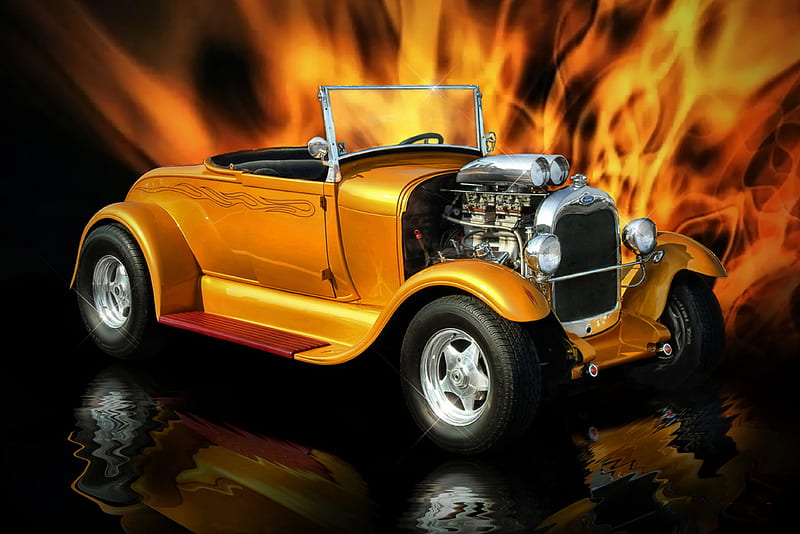 Fire Is The Devils Only Friend, retro, fire, gold, hot rod, car, chrome, vintage, HD wallpaper