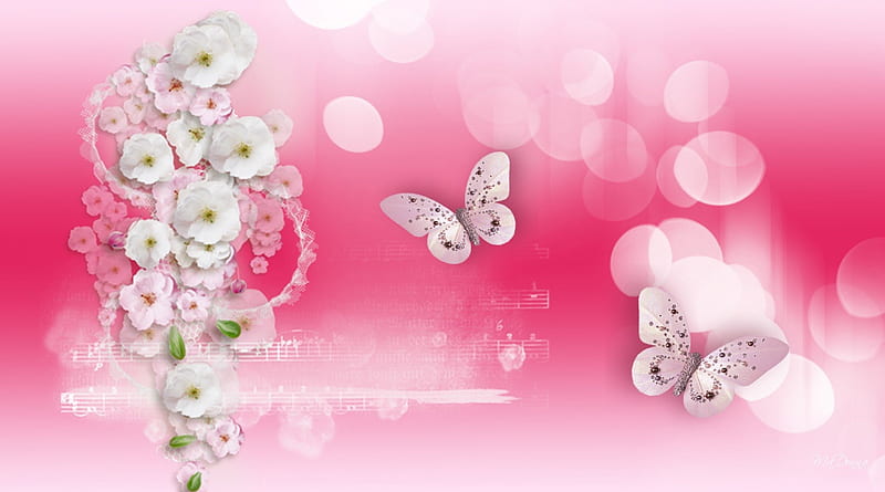 Spring Song, Bokeh, music, notes, soft, butterflies, spring, summer, flowers, sing, pink, HD wallpaper