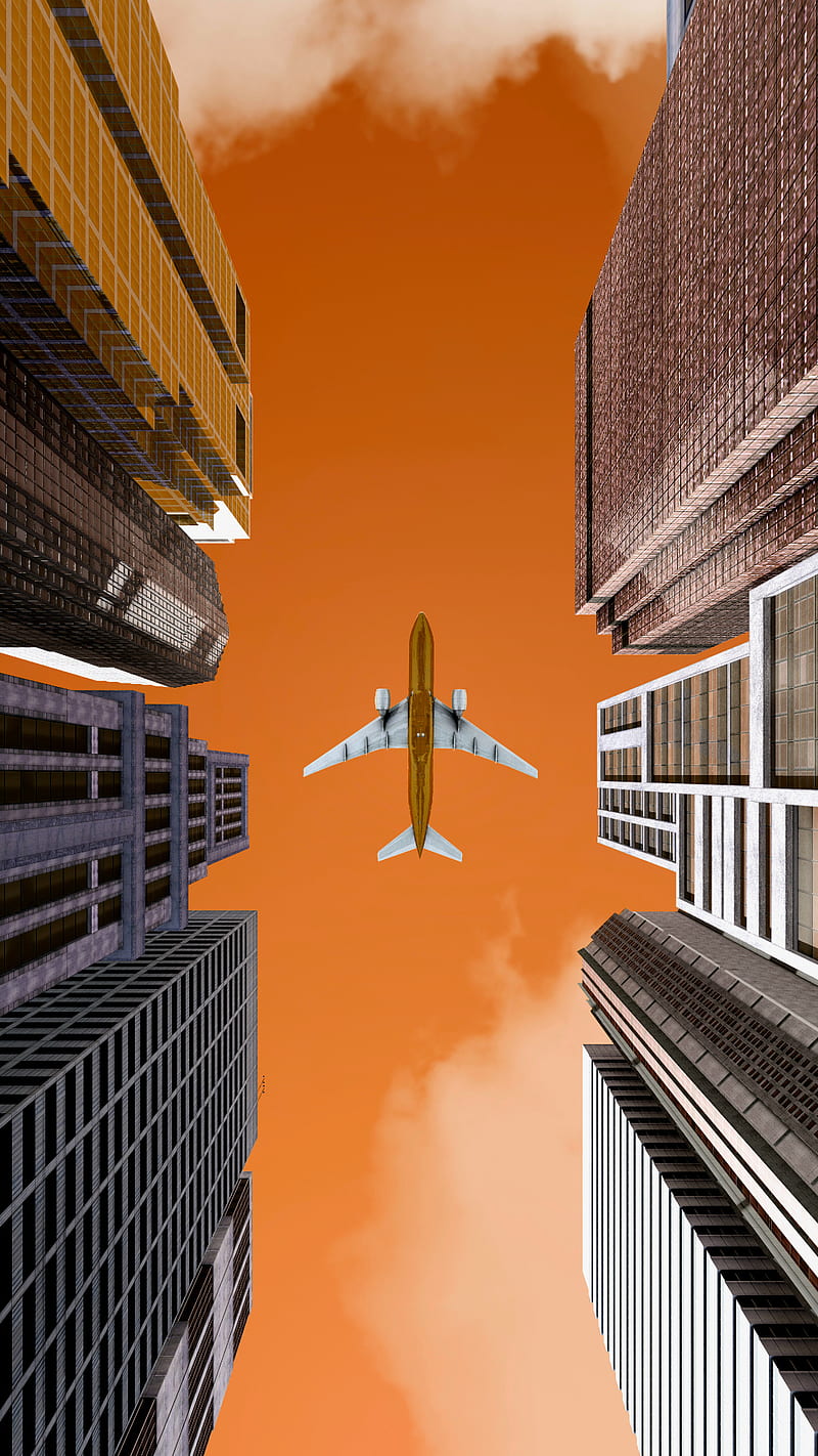 Travel, aeroplane, airplane, buildings, flight, plane, sky, sunset, HD phone wallpaper