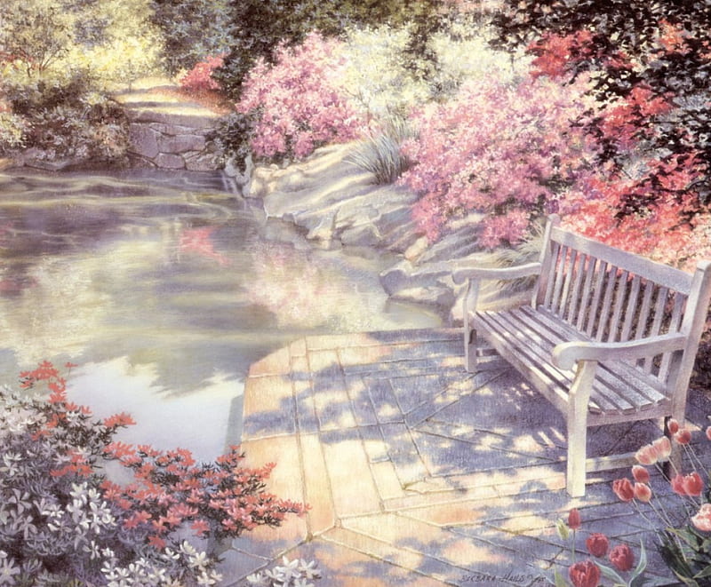 Azalea Pool, flowers, nature, pool, relaxing, think, HD wallpaper