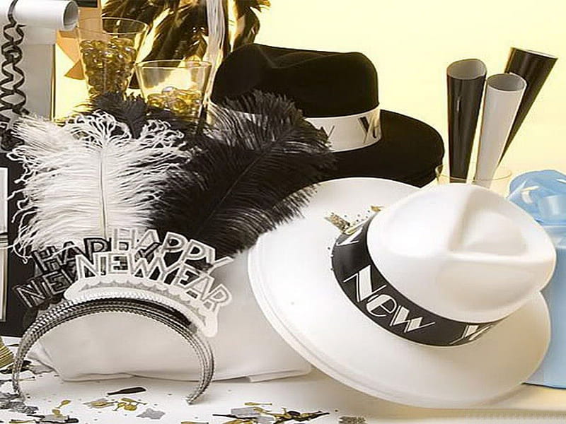 New Year Eve, mad new year eve, champagne glass, hats, streamers, black, ribbons, white, HD wallpaper