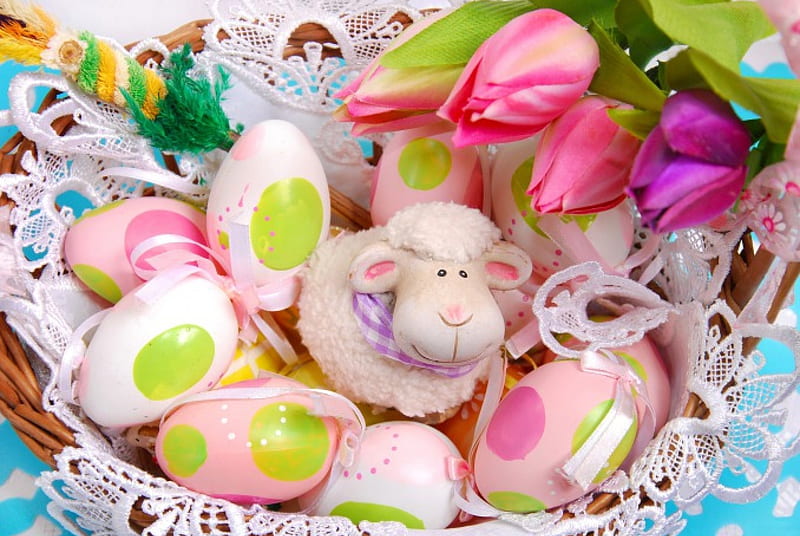 Easter Lamb, doily, Easter eggs, ribbons, bows, Easter, basket, eggs, lamb, tulips, Spring, HD wallpaper