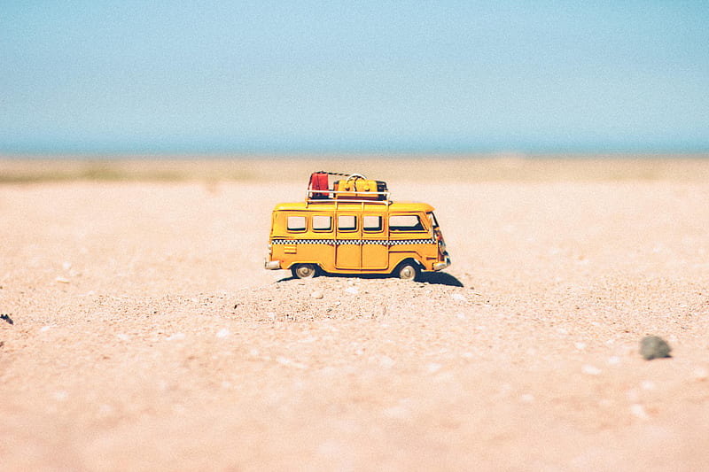 bus, toy, sand, beach, yellow, HD wallpaper