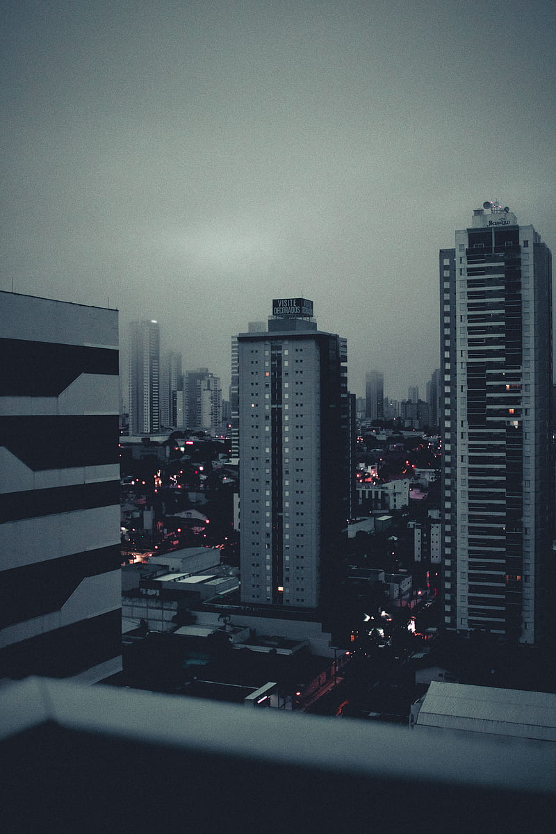 city, buildings, fog, lights, HD phone wallpaper