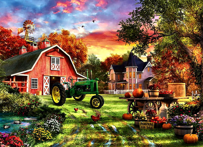 Pumpkins For Sale F5Cmp, architecture, planting, art, autumn, tractor, bonito, artwork, farm, painting, wide screen, scenery, crops, landscape, pumpkins, HD wallpaper
