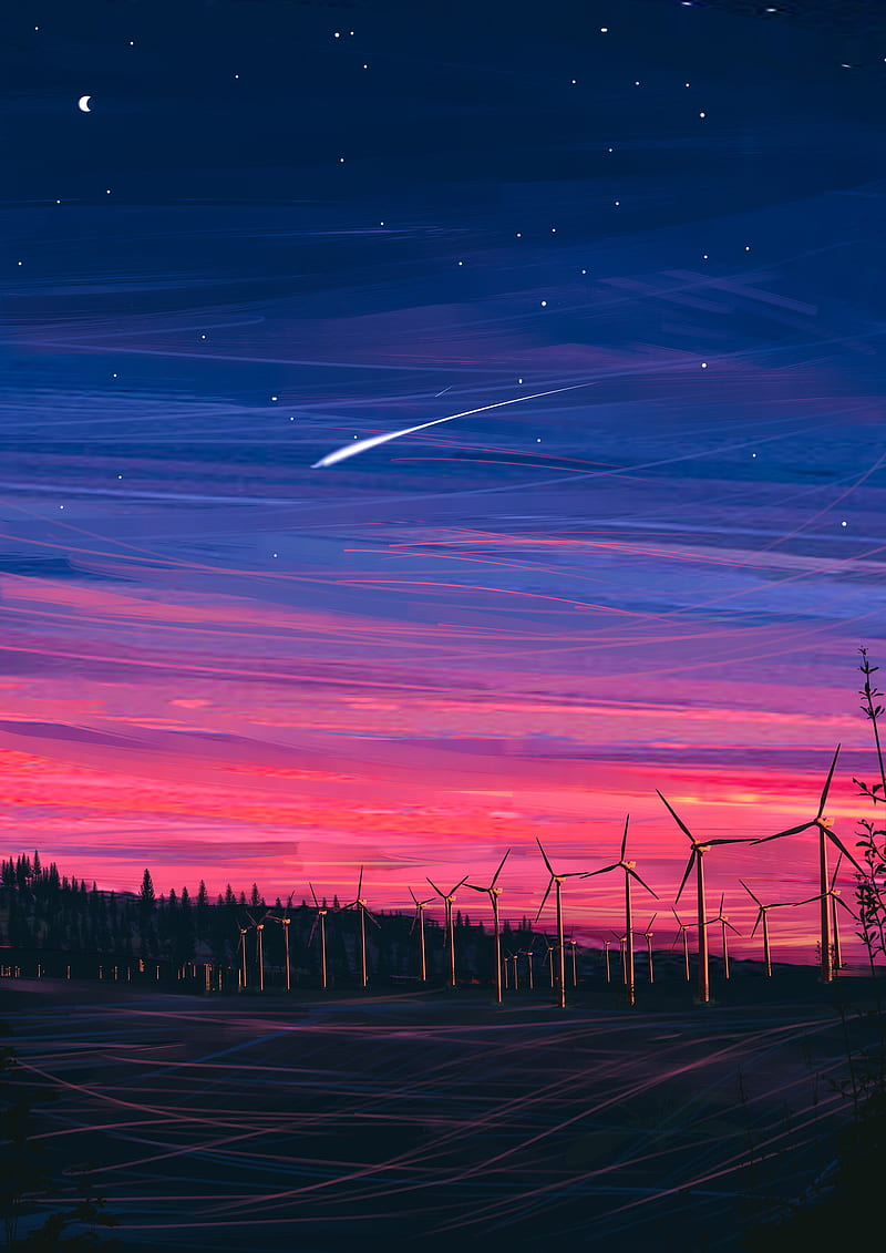 wind farm, turbines, night, starry sky, art, HD phone wallpaper