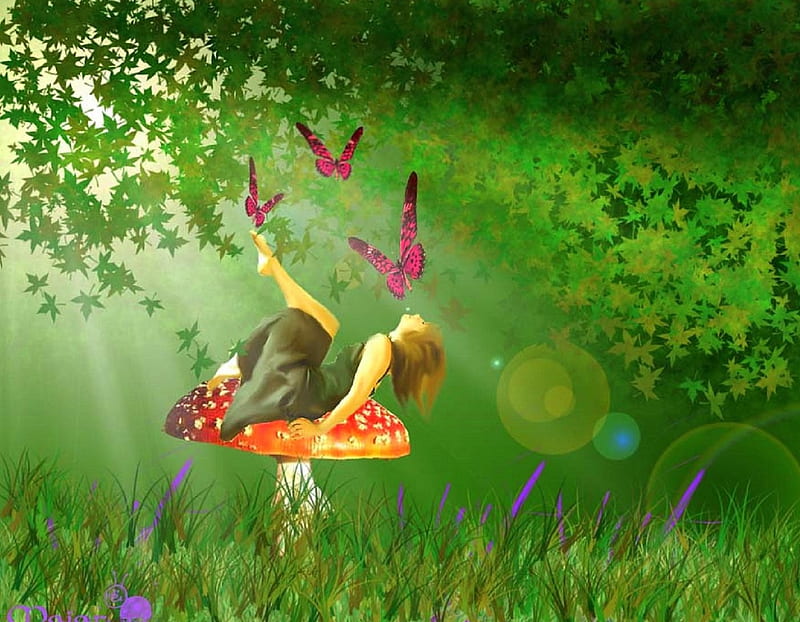 ✫Delightful Forest✫, grass, mushroom, softness beauty, attractions in dreams, digital art, leaves, fantasy, beautiful girls, green, manipulation, emotional, bright, forests, light, animals, model, colors, love four seasons, creative pre-made, butterflies, trees, delightful, girl, weird things people wear, backgrounds, HD wallpaper