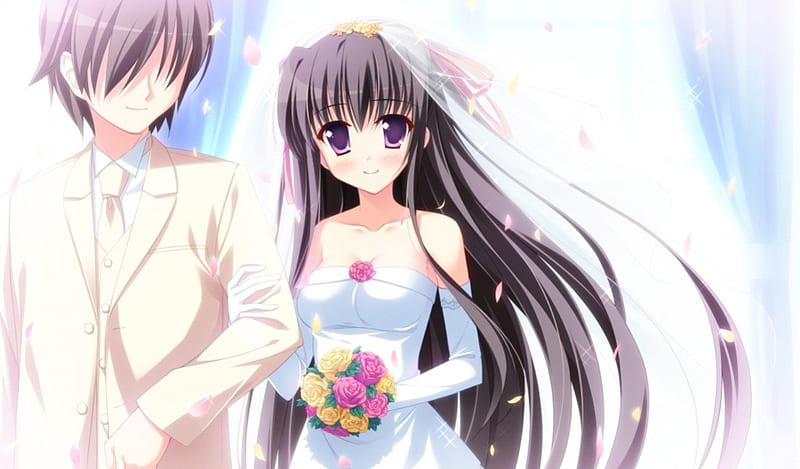 ♡ Couple ♡, pretty, sweet, floral, nice, groom, love, anime, handsome, anime girl, long hair, lovely, romance, gown, sexy, happy, short hair, cute, lover, dress, guy, bride, ouquet, hot, wed, couple, bride and groom, female, male, romantic, brown hair, wedding, boy, girl, bouquet, flower, petals, HD wallpaper