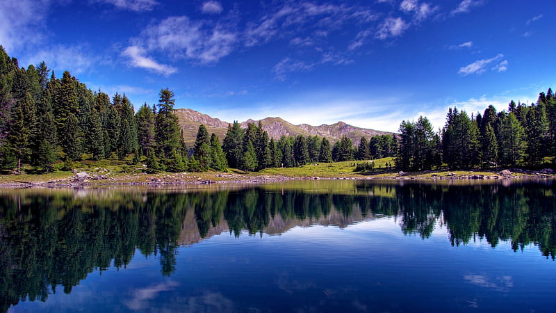 Mirror of the forest, forest, sky, clouds, lake, mountain, pine forest ...