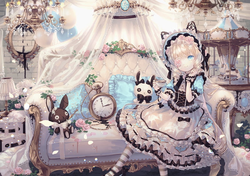 anime lolita girl, dress, couch, clock, flowers, teddy bear, blue eye, Anime, HD wallpaper