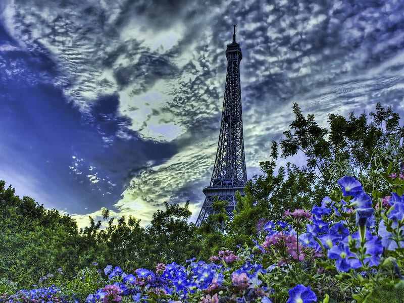 Eifel tower, france, flowers, paris, clouds, sky, HD wallpaper