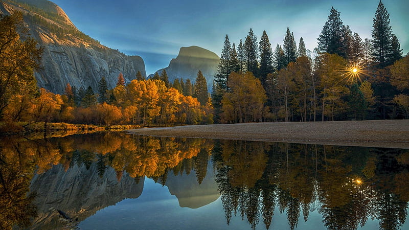 Autumn in Yosemite NP, California, fall, colors, landscape, trees, water, mountains, usa, reflections, HD wallpaper