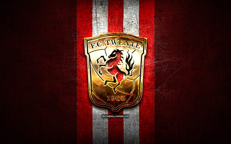 Twente FC, golden logo, Eredivisie, red metal background, football, FC Twente, Dutch football club, FC Twente logo, soccer, Netherlands, HD wallpaper